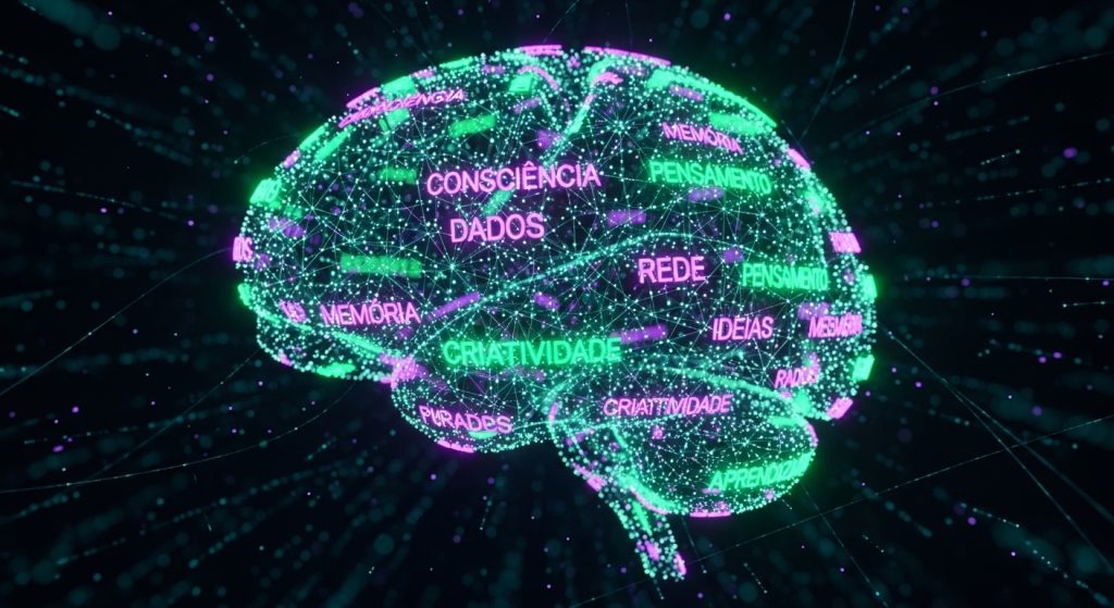 Um cérebro digital conectando milhares de palavras brilhantes em uma rede neural neon.