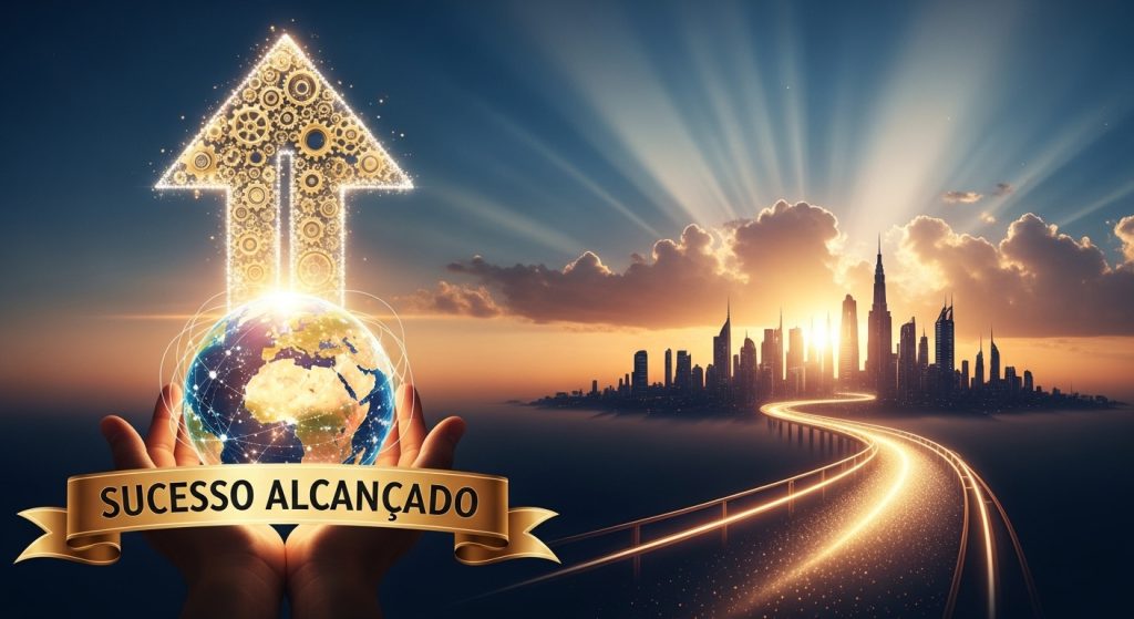 Um criador de conteúdo no topo de uma montanha digital observando o horizonte.
