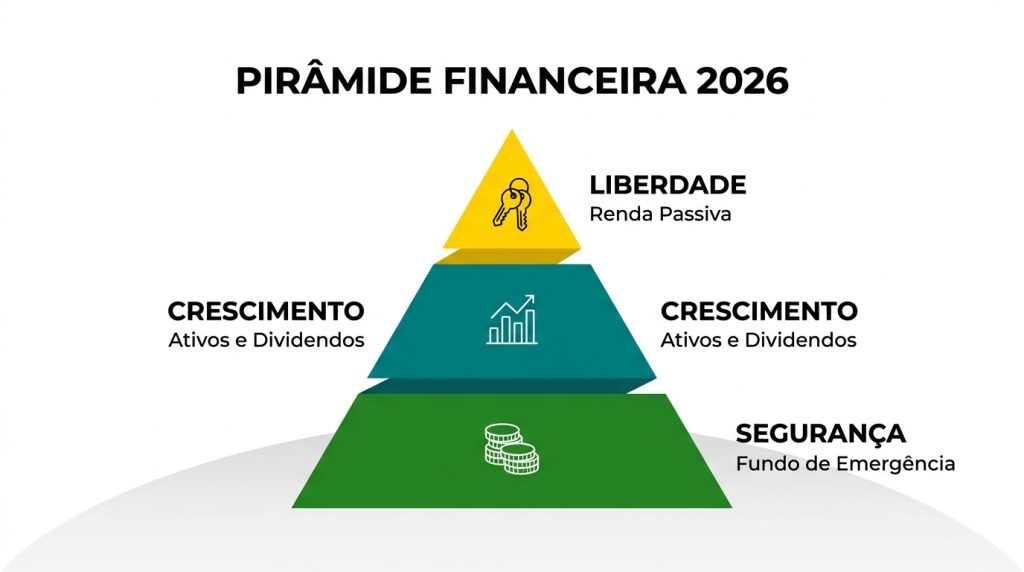 Infográfico de pirâmide 3D explicando os níveis de Planejamento Estratégico Tático e Operacional para gestão de negócios.