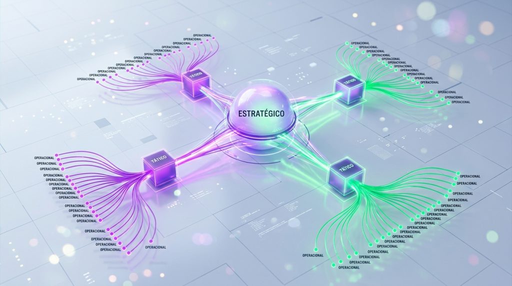 Diagrama de conexão mostrando o fluxo de metas do topo estratégico para a base operacional com setas.