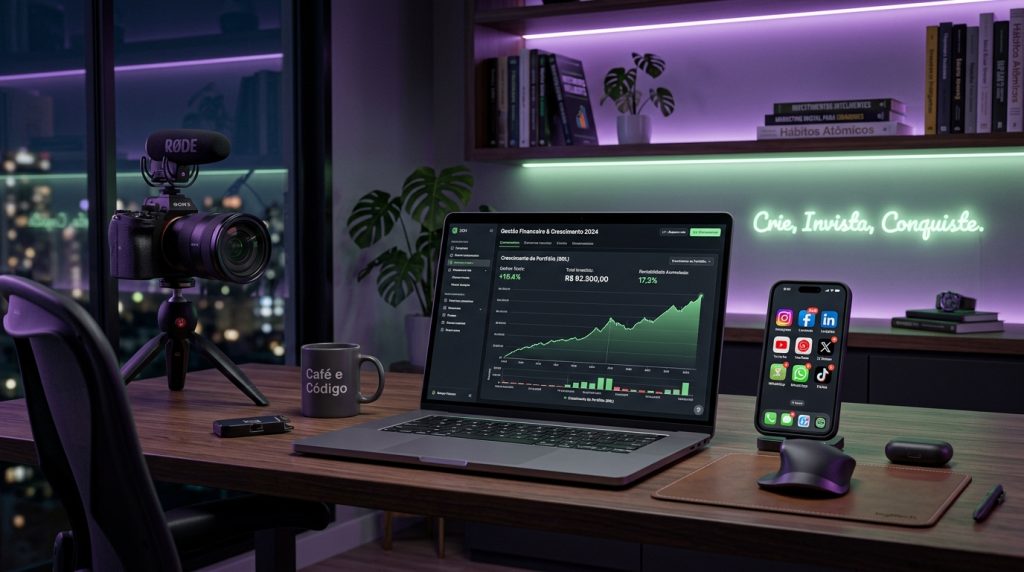 Mesa de trabalho moderna com notebook, câmera e smartphone representando o toolkit de renda extra.