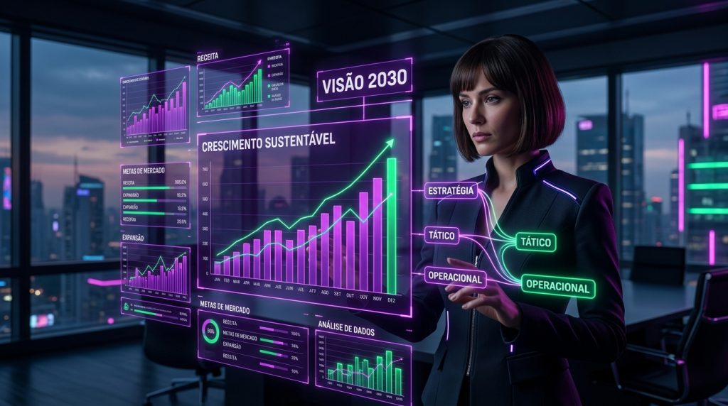 Executivo digital observando um horizonte de dados holográficos com o planejamento de longo prazo da empresa.